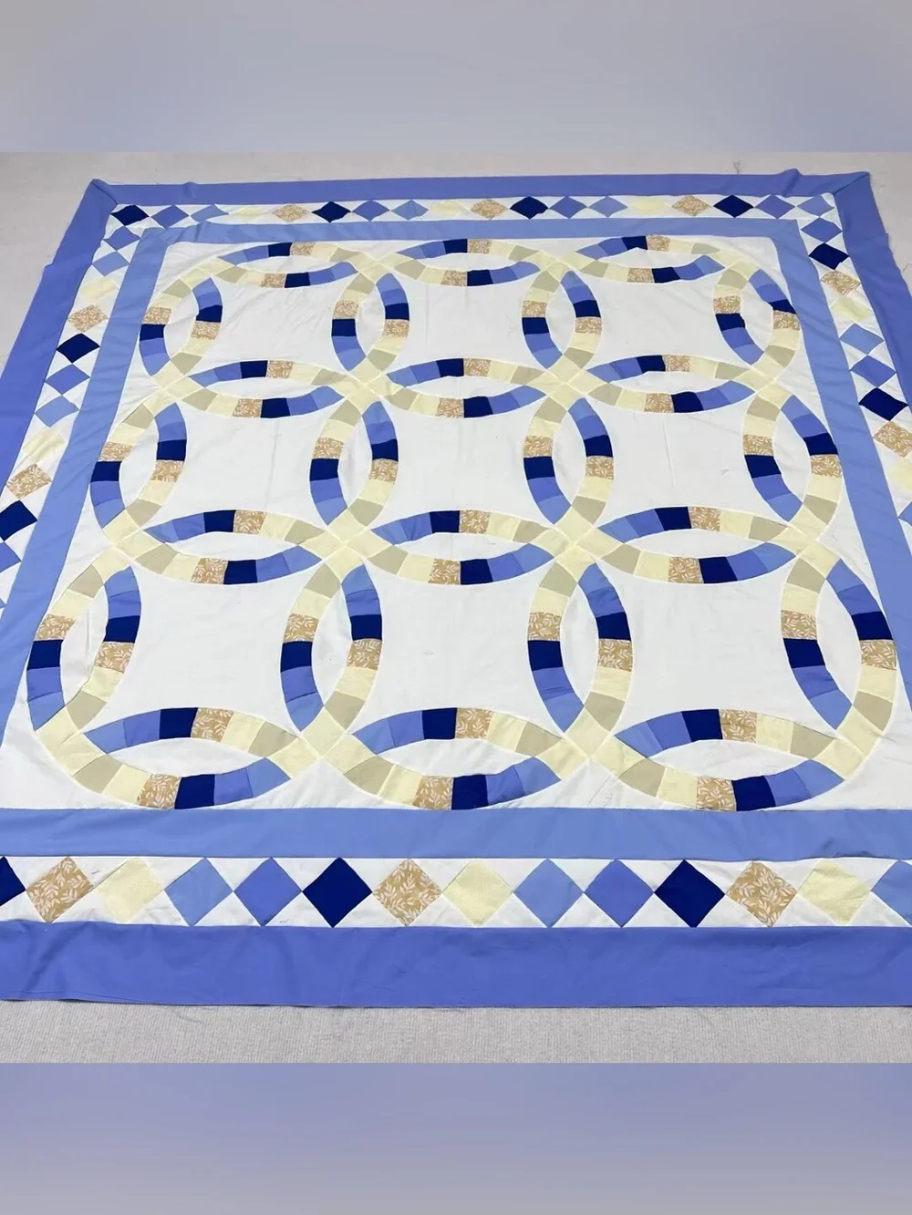 Handmade Double wedding ring Sewing Patchwork Queen size Cotton Quilt Topper